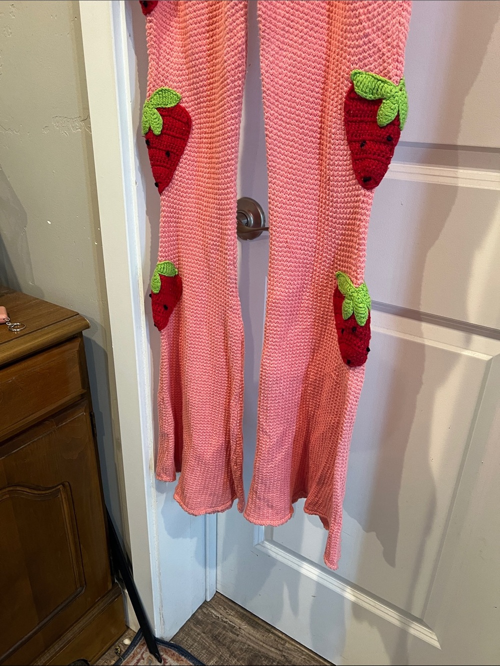 Dolls Kill Pink Knit Strawberry Flared Joggers with Red Waistband - Picture 7 of 10